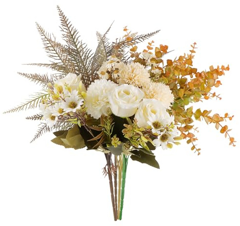 DXLing Kunstblumen Wie Echt Künstliche Blumen Pflanzen Deko Kleine Kunstseidenblumen Seidenblumen Hortensien Rosen Gänseblümchen kleine Kunstblumen für Hochzeit Partei Tischdekoration (Weiß)