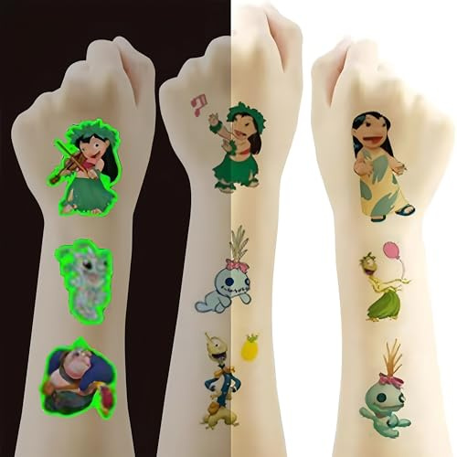 80pcs Stitch Temporary Tattoo Kawaii Princess Birthday Party Supplies,Birthday Decorations Party Game Activities Reward Gifts (4 Sheets including 2 Sheets Luminous)