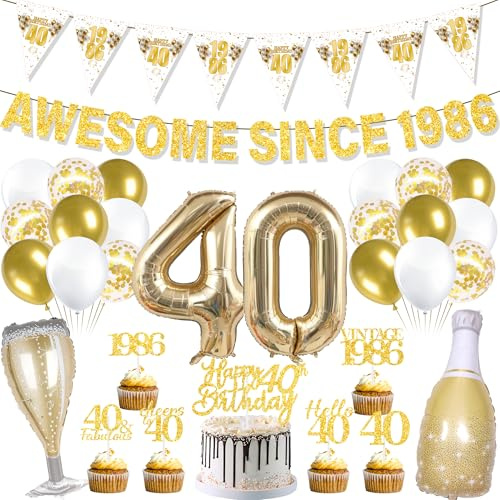 40th Birthday Decorations Balloons Banner - 31 Pcs Gold Awesome Since 1986 Banners Champagne Bottle Cup Number 40 Foil Balloons Cake Cupcake Toppers for Men Women Happy 40 Years Old Party Decor