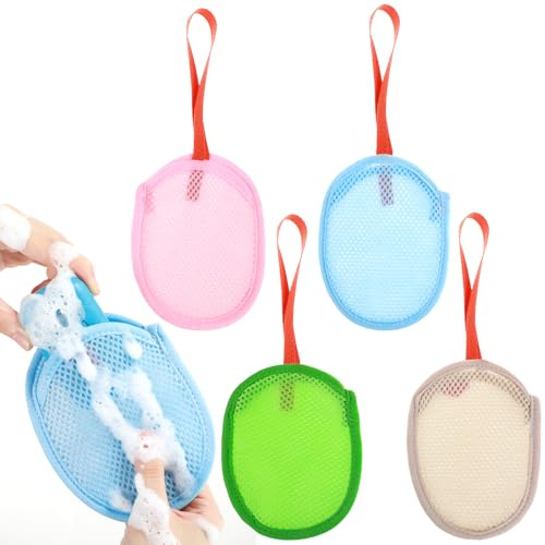 4 Stück Netz Seifensäckchen, Sanfte Peeling Seifenbeutel, Seifen Luffa Schwamm, Seifennetzsäckchen zur Körperreinigung, Badebeutel mit Henkel für Dusche und Bad (Blau, Rosa, Grün, Khaki)