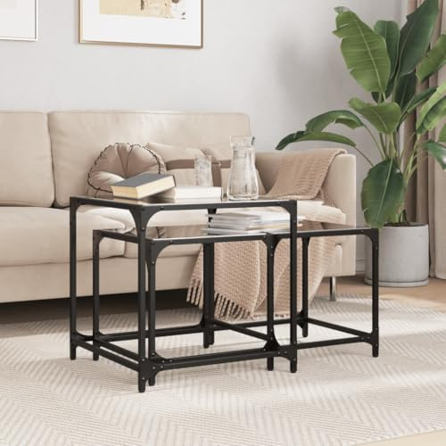 QUAHEAS Lot de 2 tables gigognes avec plateau en verre noir, tables basses modernes en acier robuste, tables d'appoint pour salon, tables de chevet, polyvalentes
