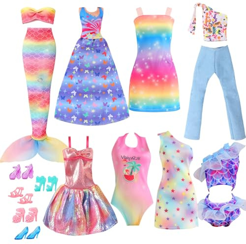 Lot de 16 vêtements et chaussures de poupée compatibles avec les poupées Barbie de 29,2 cm, comprenant 1 robe sirène, 2 hauts à bretelles, 2 robes, 1 pantalon, 4 ensembles de maillots de bain, 5