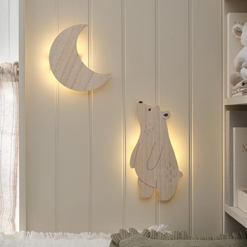 Lights4fun Set Wandlampen Mond & Bär | warmweiße LEDs| Batteriebetrieben | Fernbedienung & Timer | Kinderzimmer Schlafzimmer Wandleuchte | Deko Wanddeko Nachtlampe Nachtlicht