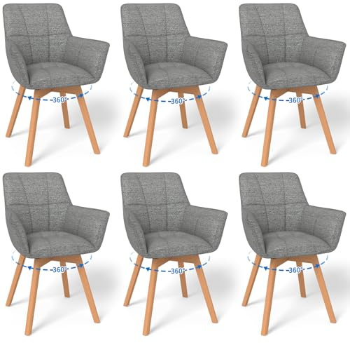 WAFTING 6er Set Drehbare Esszimmerstühle, 360° Drehstuhl mit Armlehnen Holzbeinen, Samtstoff Polsterstuhl für Esszimmer, Wohnzimmer, Küche, Schlafzimmer, Dunkelgrau