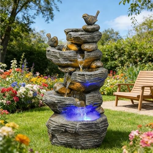 Fontana a cascata in pietra con luci LED per decorazione da giardino e patio all