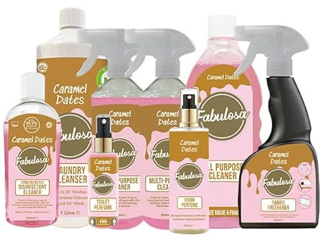 Fabulosa All-in-One General Household Cleaning Bundle, Cleaners and Fresheners, Antibacterial Sprays and Disinfectants, Long Lasting Room Perfume, 8 Pack, Caramel Dates