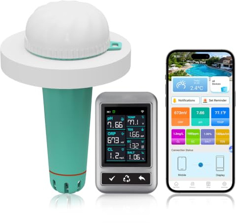 RYAKKA Upgrade Smart Pooltester Wiederaufladbar, 7-in-1 WLAN Wassertester mit App, Misst Chlor, pH, Salz, ORP, EC, TDS & Temperatur, Automatische Warnungen für Pool & Spa