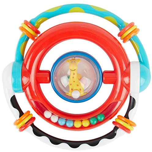 Bieco 41014358 Babyrassel Rock 'n' Roll Giraffe, Aktivity Ringrassel mit vielfältigen Funktionen, Greifring mit Rassel für Babys und Kleinkinder ab 9m+, mehrfarbig