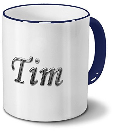 printplanet Tasse mit Namen Tim - Motiv Chrom-Schriftzug - Namenstasse, Kaffeebecher, Mug, Becher, Kaffeetasse - Farbe Blau