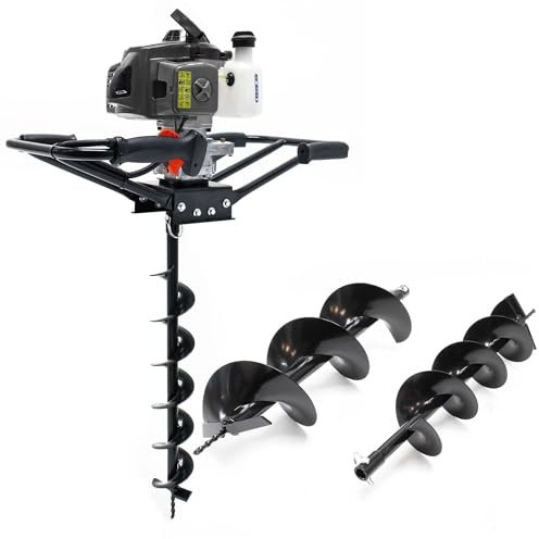 Wiltec Tarière thermique à essence – Moteur 2 temps 2,2 kW 3 CV – Cylindrée 63 cm³ – Usage 2 personnes – Perceuse de sol Jardinage Aménagement – Vis sans fin incluses de 100, 150, 200 mm