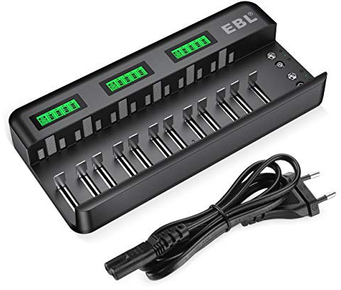 EBL Chargeur de Piles Universel, Chargeur de Piles 12+2 Slots 9036 pour AA/HR6, AAA/HR03, C/HR14, D/HR20 et 9V Piles Rechargeables Ni-MH Ni-CD
