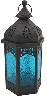 Rebecca Mobili Kerzenhalter Marokkanische Laterne, Metallglas, Blau Schwarz, Garten Wohnzimmer - Maße: 32 x 16 x 14 (HxLxB) - Art. RE6556