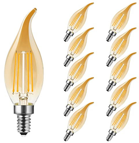 MZYOYO E14 LED Kerze Lampe,E14 4W Classic Kerzenform Filament,E14 Filament Fadenlampe,2700K Warmweiß,ersetzt 35 Watt,nicht dimmbar,Amber Glas,10 Stück