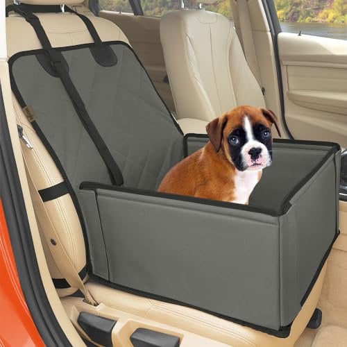 Extra Stabiler Hunde Autositz - Hochwertiger Auto Hundesitz für kleine bis mittlere Hunde - Verstärkte Wände und 3 Gurte - Wasserdichter Hundeautositz für Rück- und Vordersitz (Grau)