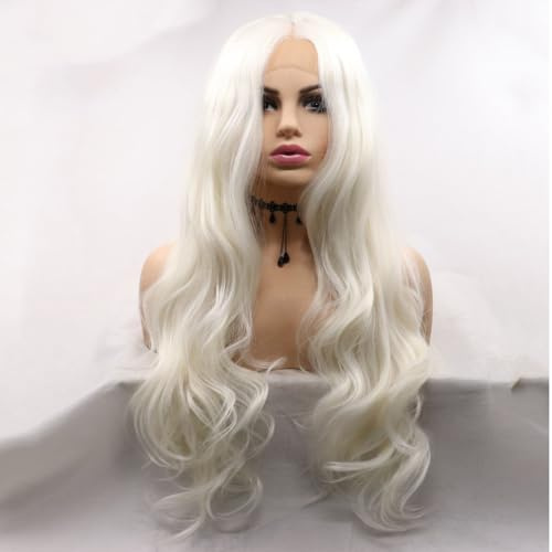 xiweiya Platinum White Lace Front Wig 1001# White Platinum Long Wavy 13x3 Lace Wigs Natural Hairline Heat Resistant Fiber Platinum Blonde Wig Glueless Halloween Wigs 24inch