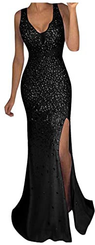 Lazzboy Cocktailkleider Damen Hochzeitskleid Frauen Festliches Kleid Pailletten Prom Party Ballkleid Gold Abend Brautjungfer V-Ausschnitt Lang Partykleid High Split Abendkleider (Schwarz,XL)