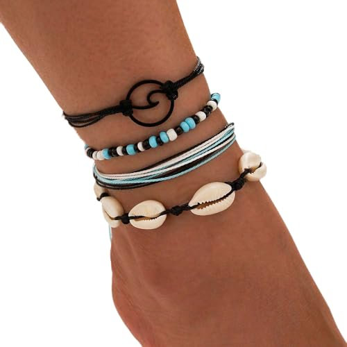 SINLOV 4 STÜCKE Boho Perlen Halbgeschichtete Wellen Fußkettchen Frauen Geflochtenes Seil Fußkettchen Böhmischer Charme Zarter Fußschmuck für Frauen