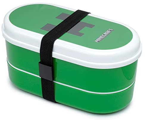 Puckator Minecraft Creeper Gestapelte Bento Box Lunchbox mit Gabel & Löffel Brotdose mit Fächern, Brotzeitbox, Snackbox für Kinder & Erwachsene, ideal für die Schule & Arbeit, Geschenke für Gamer