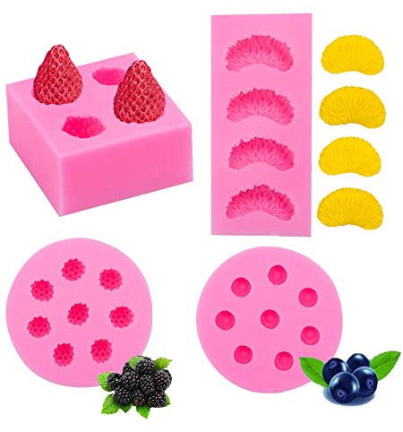 Cestony 3D-Mini-Silikonformen für Obst, Erdbeere, Orange, Himbeere, Heidelbeere, DIY, Kuchen, Fondant, Kekse, Seife, Zucker, Pudding, Schokolade, harte Süßigkeiten, Dessert-Dekoration, 4 Stück