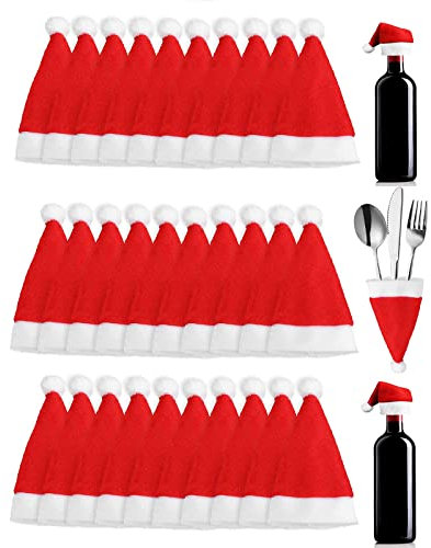 36pcs Felt Mini Santa Hats for Crafts Mini Christmas Hats Silverware Holders Xmas Red Santa Claus Hats Tableware Holders Knife Fork Spoon Pocket Flatware Holder Mini Wine Bottle Cover DIY Lollipop Hat