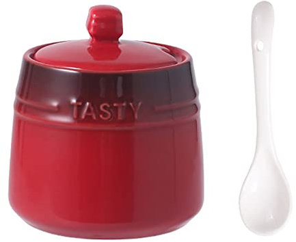 RockTrend Colourful Ceramic Spice Jar Seasoning Box Condiment Pot Sugar Bowl with Lid Spoon-Red