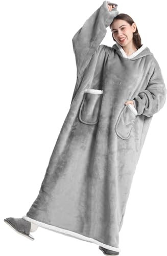 Emwwat Hoodie Decke mit Ärmeln und Kapuze, Wearable Blanket für Damen und Herren, Weiche Warme Riesen Sherpa Kuscheldecke Geschenke(Grau, 150 Lang)