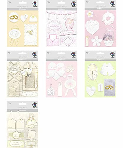 Ursus 59260006 - Kreativ 3D-Sticker Set Wedding 2, Set mit 7 verschiedenfarbigen Stickerbogen, selbstklebend, leicht abziehbar, geeignet zur Kartengestaltung