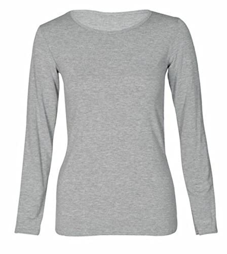 Crazy Fashion Long Sleeve Plain Tshirts for Women UK Round Scoop Neck Stretchy Formal Casual Basic Slim Fit Jersy Ladies Tee Top Plus Size 8-22 Light Grey