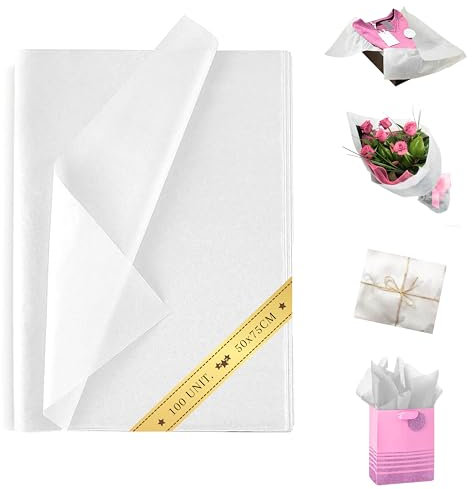 100 Feuilles de Papier de Soie Blanc 50x75 cm - Papier Emballage Fleuriste, Emballage Cadeau, Papier Déchiqueté, Papier de Soie, Papier d'Emballage Colis, Décoration, Papier de Soie pour Pompons