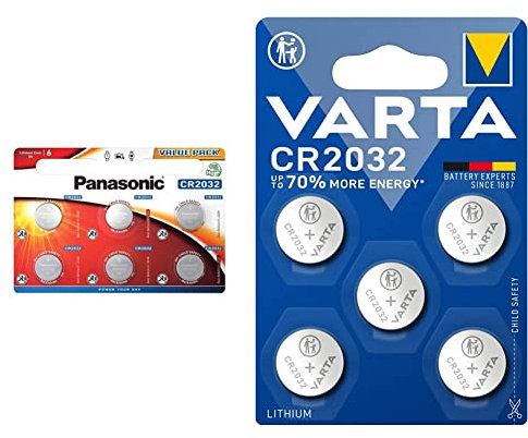 ‎Corp. Panasonic CR2032 Lithium-Knopfzelle 3 V, 225 mAh, 6 Stück & VARTA Batterien Knopfzellen CR2032, Lithium Coin, 3V, kindersichere Verpackung, für elektronische Kleingeräte (5 Stück) 1er Pack