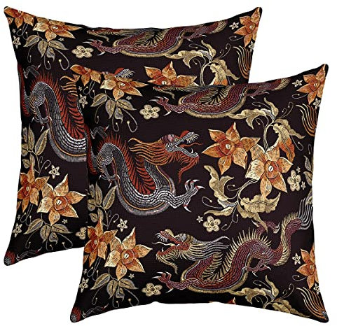 2er Set Kissenbezüge Drachen Kissenbezüge 50x50cm Traditionelle Exotische Drachen Dekokissen Dekor Kissenbezug Umkehrbar Chinesische Art Kissenhülle Botanische Floral Blume Drucken Wurf Dekokissen