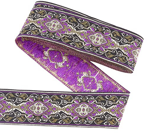 FINGERINSPIRE 7 m Schwarz Lila Vintage Jacquardband 48 mm Dunkles Orchideen Blumenmuster Stickerei Gewebte Bordüre Ethno Polyester Stoff Bordüre Retro Tiroler Band Für Kleidung Und Basteldekoration