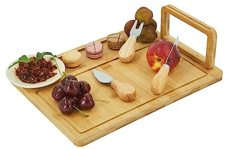 HOOZ 1 planche à fromage en bambou avec couteau à fromage et support, plateau de service en bois pour craquelins à vin, brie et viande, plateau à fromage, plateau à charcuterie et plateau de service