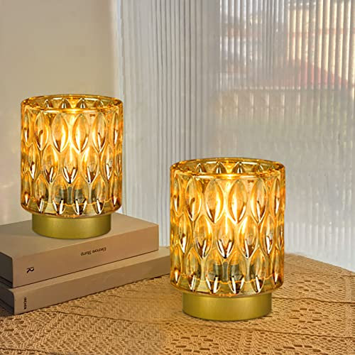 MJ PREMIER Tischlampe Kabellos, Batteriebetrieben Tischleuchte mit Timerfunktion, Dekorative Glas Tischlampe, 2ER SET mini Nachttischlampe, Crystal Glaslampe für Schlafzimmer Wohnzimmer (2*AMBER)