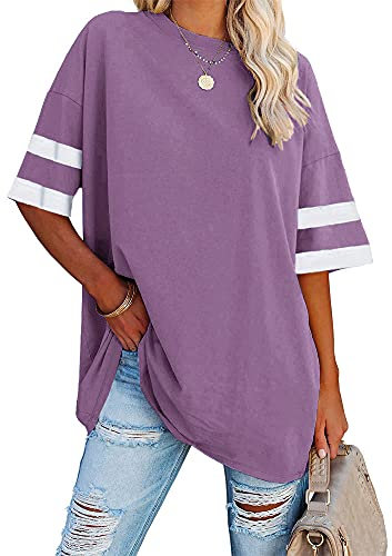 Ebifin Damen Oversize T Shirt Rundhals Kurzärmeliges Tops Casual Lockere Basic Sommer Tee Shirts Bluse.Lila.XL