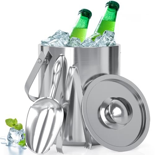 WENEGG 2L Cubo de Hielo Aislante con Cuchara, Pinzas y asa, Tapa, Doble Pared de Acero Inoxidable, Sellos, refrigerador de champán para Botella Bar, cumpleaños, Fiestas de picnics