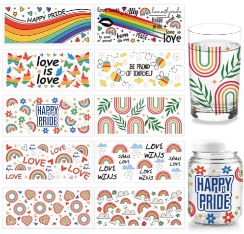 arricraft 10 Blatt UV DTF Cup Wrap, Regenbogen-Biene-Schmetterlings-Wörter Rub-On-Transfers PVC-Glasbecher-Transferpapier Wasserfeste Rubbelaufkleber Für DIY 16OZ Glasbecher Möbel