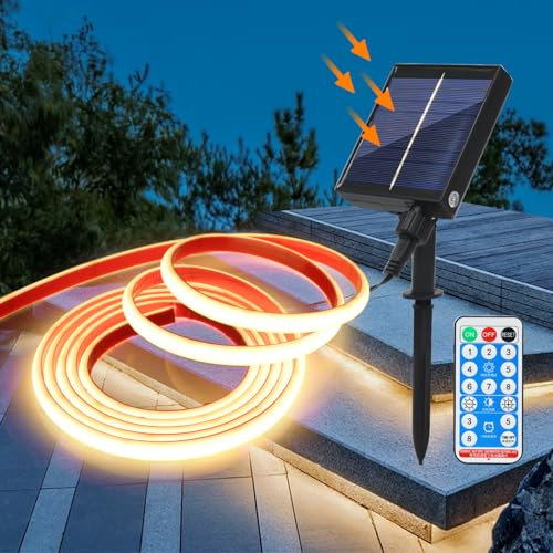 Wisada 12V Cob Ruban LED Solaire Extérieur,Guirlande Lumineuse Solaire,320 LED Bande LED IP68 Étanche with Remote,8 Modes,Cuttable,Strip Lights for Patio Walkway Decor (Blanc naturel, 2m)