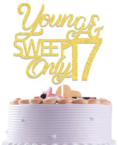 Hello 17 Cake Topper Young & Sweet Only 17 Cake Topper Cheer 17 Years Old Party Dekoration Happy 17th Birthday Tortendeko Gold Glitzer