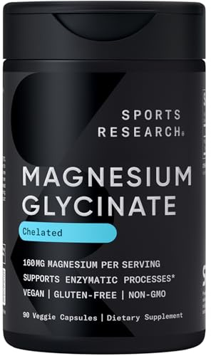 Sports Research® Magnesium Glycinate - Supports Restful Sleep & Enzymatic Processes - 160 mg Chelated Magnesium - Vegan Capsule - 90 Count