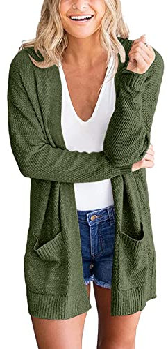Maglioni autunnali da donna petite autunno aperto davanti cardigan con tasche casual spolverino leggero cardigan maglione da donna cardigan maglioni patch gomito, Verde militare, S