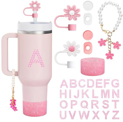 9Stück Stanley Cup Zubehör,2 Strohhalm Abdeckung,4Auslaufschutz für Stanley Cup,1 Personalisierte Name Brief Aufkleber 1 Sakura Pearl Hänge und 1Silikon Stiefel für für Stanley Cup 800-1100ml Tumbler