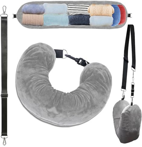 HSLXBY Cuscino Viaggio,Portatile Cuscino Cervicale Riempibile,Cuscino Aereo,Adatto Per Viaggi In Auto Cuscino Da Viaggio Multifunzionale a Forma di U (Grigio,Senza Riempimento)