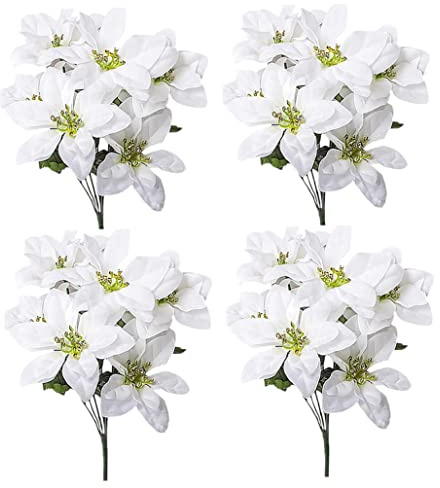 KYEQATY Arbustos de Pascua artificiales, paquete de 4 unidades, 7 cabezas, flores de Navidad de seda, ramo de flores de Pascua artificiales para decoración de Navidad, color blanco