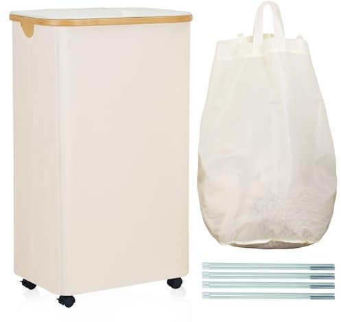 ROSOS Laundry Basket on Wheels - 105L, Lid, Removable Bag, Bamboo Handles, Waterproof Bin for Laundry Room, Beige