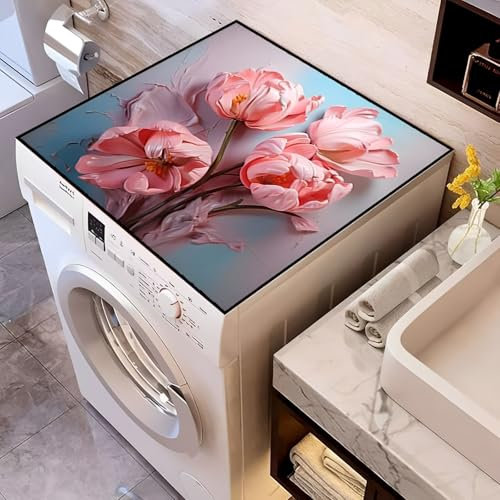 Highdi 2pc Washer and Dryer Top Protector, Aesthetics Washer and Dryer Top Mat Absorbent Quick Dry Mat, Anti Slip Dust Proof Washing Machine Mat Laundry Room (50x50cm,Flower 4)