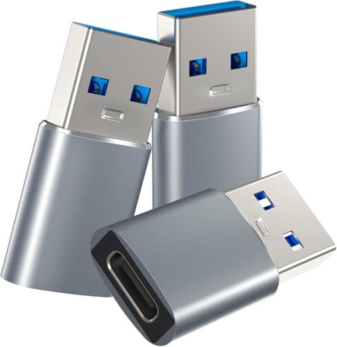 USB C Female to USB Male Adapter (3-Pack) 3.0 – Type-C to USB-A Converter for Fast Charging & Data Sync – Compatible with iPhone 15/14/13/12, iPad Air, MacBook, Galaxy S21/S20, and More (Silver)