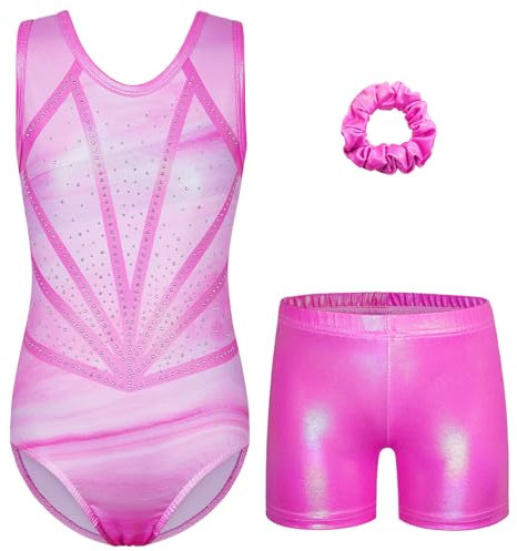 ZNYUNE Turnanzug Mädchen mit Hose Ärmellos Tanzbody Leotard Schnelltrocknend Langlebig für Gymnastik 3-16 Jahren Kinder B381 Pink 6A