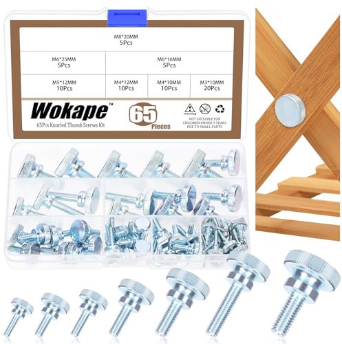 Wokape Lot de 65 vis moletées moletées M3 M4 M5 M6 M8 galvanisées en acier au carbone moleté à tête plate moletée Filetage complet Boulons de fixation