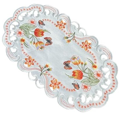 Orange Tulpen und Schmetterlinge Tischläufer Tischdecke Mitteldecke Deckchen gestickt (ca. 22x37 cm)